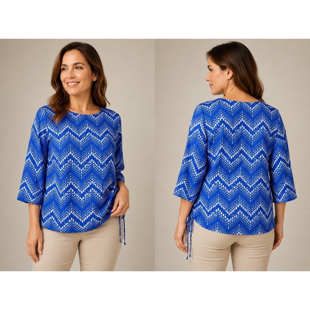 N Touch Women's 2X Blue White Geometric‎ Chevron Print Ruched Sleeve Blouse Plus